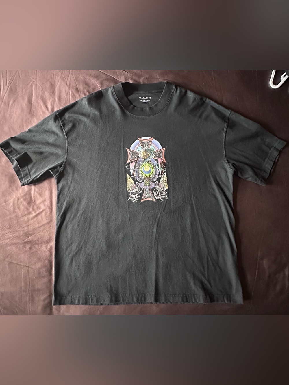 AllSaints Black Oversized Crest Graphic Tee-Size L